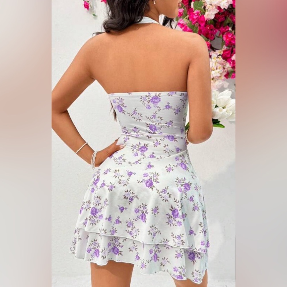 Cowl neck halter mini dress floral print white pink - Picture 2 of 3